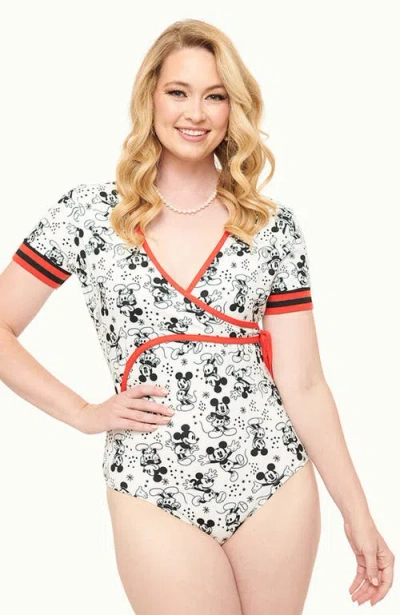 Unique Vintage 3/4 Sleeve Surplice Knit Bodysuit In White Mickey Mouse