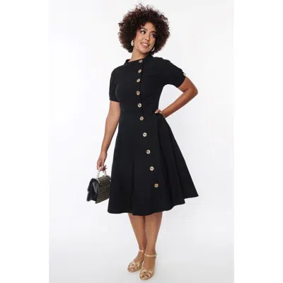 Unique Vintage Asymmetrical Button Woven Swing Dress In Black