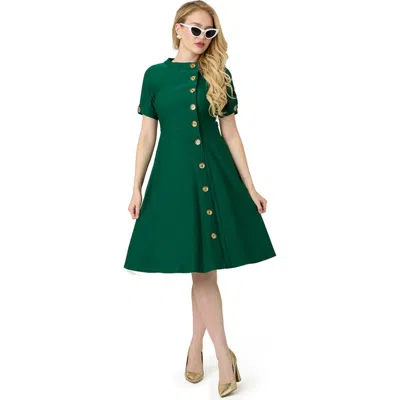Unique Vintage Asymmetrical Button Woven Swing Dress In Green
