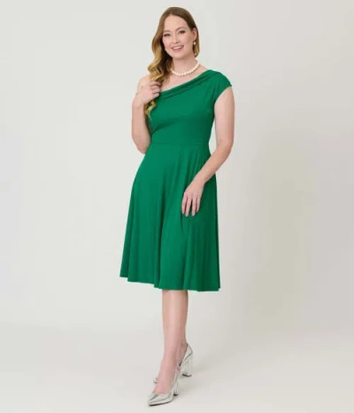 Unique Vintage Asymmetrical Neck Swing Dress In Green