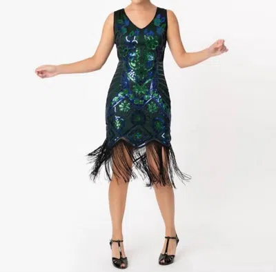 Unique Vintage Beaded Fringe Flapper Dress In Emerald/royal In Multi