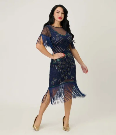Unique Vintage Beaded Nadine Fringe Flapper Dress In Blue