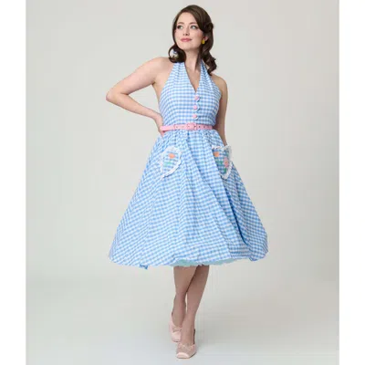 Unique Vintage Belted Scallop Front Halter Swing Dress In Blue