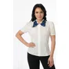 Unique Vintage Plus Size Blouse With Embroidered Collar In White/blue