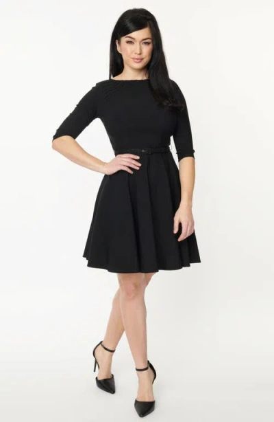 Unique Vintage Boat Neck Belted Stephanie Fit & Flare Dress In Black