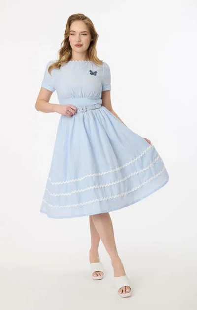 Unique Vintage Boatneck Ricrac Swing Dress In Blue