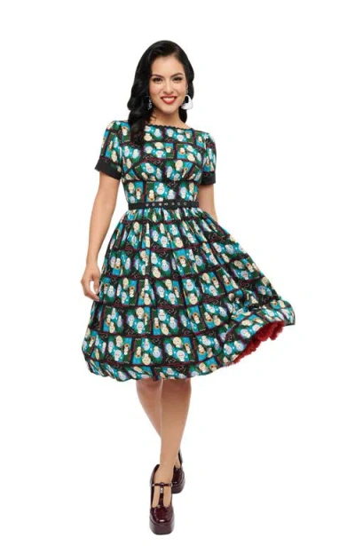Unique Vintage Boatneck Ricrac Swing Dress In Black Golden Girls