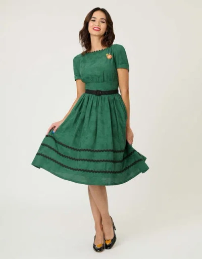 Unique Vintage Boatneck Ricrac Swing Dress In Green