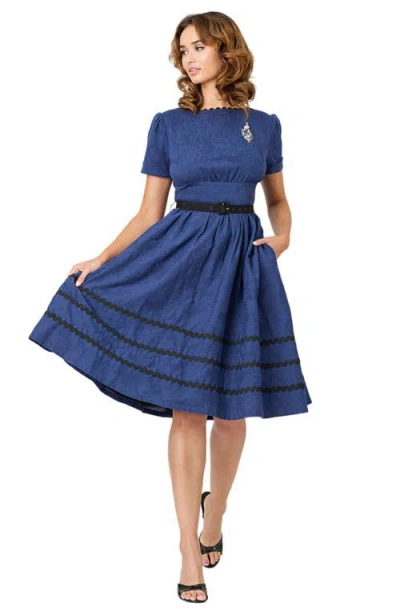 Unique Vintage Boatneck Ricrac Swing Dress In Blue