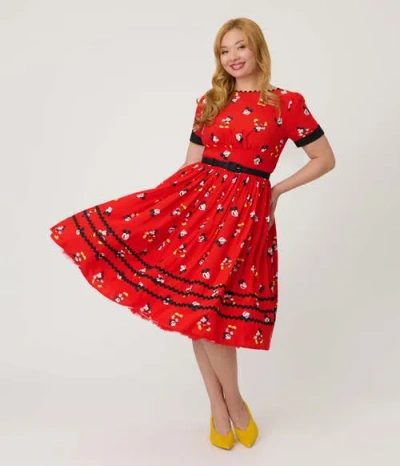 Unique Vintage Boatneck Ricrac Swing Dress In Red