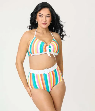 Unique Vintage Plus Size Bow Halter Swim Top In Multi