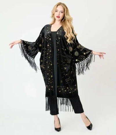 Unique Vintage Burnout Fringe Kimono In Black