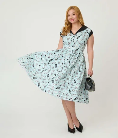 Unique Vintage Plus Size Cafe Swing Dress In Blue