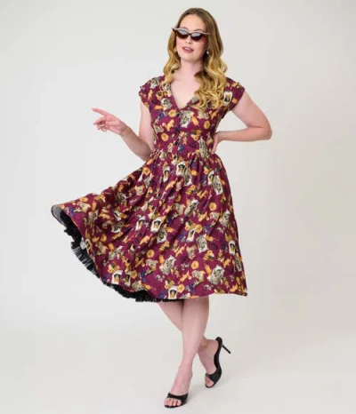 Unique Vintage Cafe Swing Dress In Red Magical Creature Print