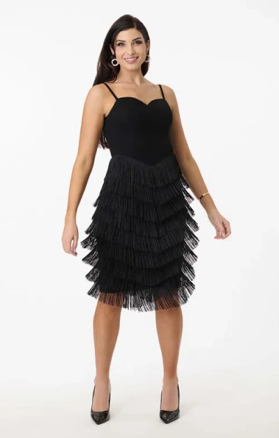 Unique Vintage Chevron Fringe Pencil Dress In Black