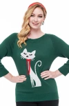 Unique Vintage Classic Knit Sweater In Green Cat