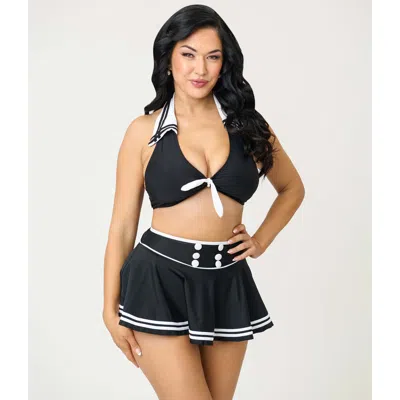 Unique Vintage Collared Halter Faux Tie Front Swim Top In Black