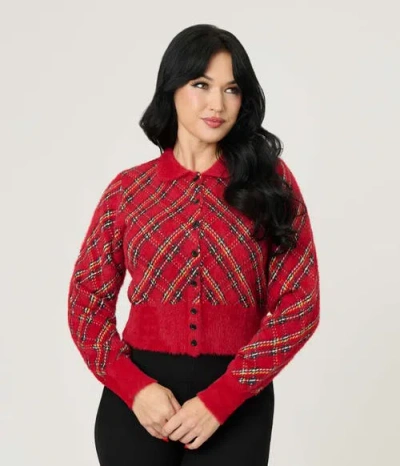 Unique Vintage Collared Knit Cardigan In Red