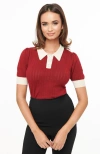 Unique Vintage Collared Short Sleeve Prim & Pretty Sweater In Burgundy