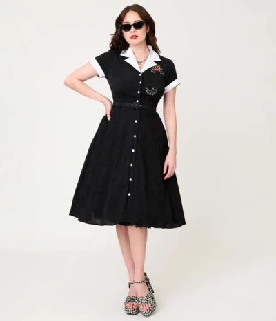 Unique Vintage Collared Short Sleeved Belted Alexis Swing Dress In Black
