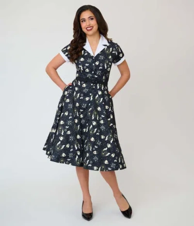 Unique Vintage Collared Short Sleeved Belted Alexis Swing Dress In Multi