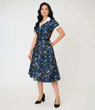Unique Vintage Collared Short Sleeved Belted Alexis Swing Dress In Blue