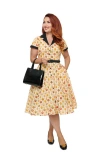 Unique Vintage Collared Short Sleeved Belted Alexis Swing Dress In Cream Market Print