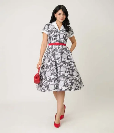 Unique Vintage Collared Short Sleeved Belted Alexis Swing Dress In Gray