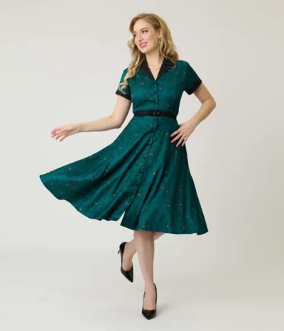 Unique Vintage Collared Short Sleeved Belted Alexis Swing Dress In Green