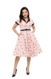 Unique Vintage Collared Short Sleeved Belted Alexis Swing Dress In Pink Santa Print