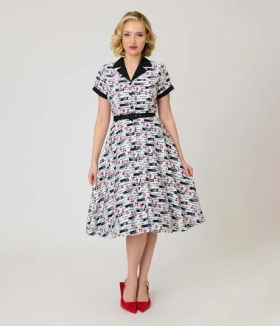 Unique Vintage Collared Short Sleeved Belted Alexis Swing Dress In Multi
