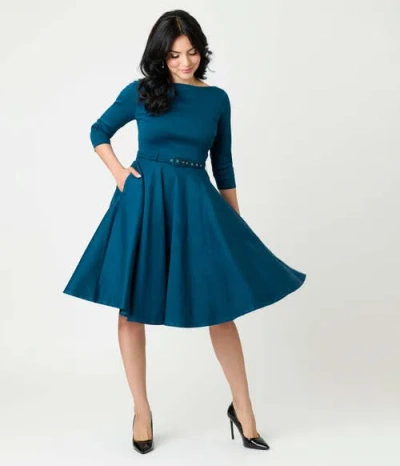 Unique Vintage Devon Swing Dress In Blue