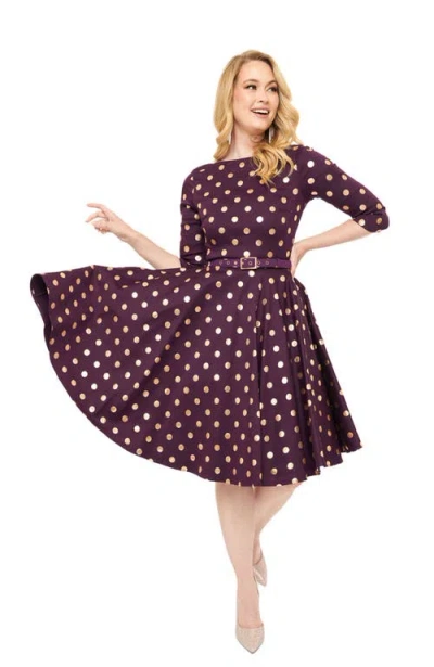 Unique Vintage Devon Swing Dress In Eggplant Floral