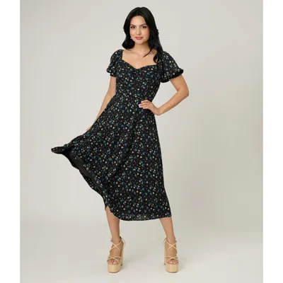 Unique Vintage Dot Puff Sleeve Midi Dress In Multi