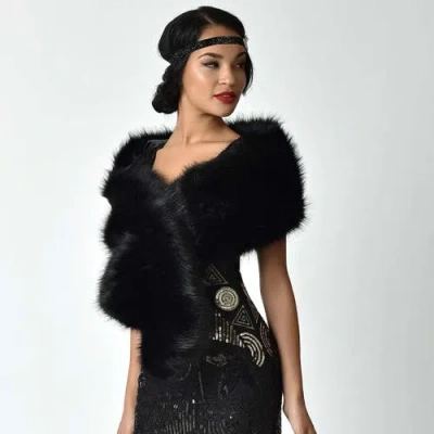 Unique Vintage Faux Fur Stole In Black Fur
