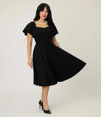 Unique Vintage Flutter Sleeve Belted Swing Dress In Black