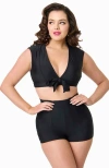 Unique Vintage Full Coverage Bow Swim Top In Black