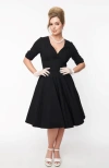 Unique Vintage Half Sleeve Surplice Delores Swing Dress In Black