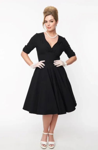 Unique Vintage Half Sleeve Surplice Delores Swing Dress In Black
