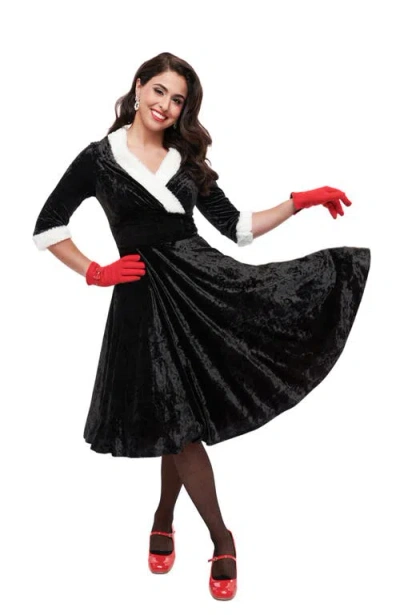 Unique Vintage Half Sleeve Surplice Delores Swing Dress In Black Velvet