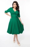 Unique Vintage Half Sleeve Surplice Delores Swing Dress In Emerald
