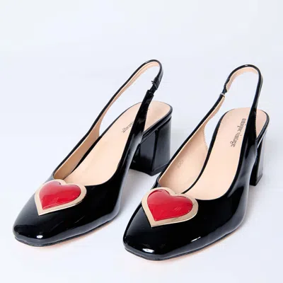Unique Vintage Heart Leatherette Slingback Heels In Black