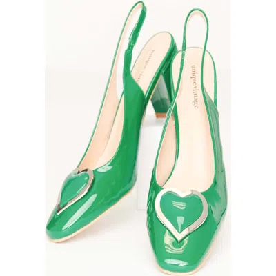 Unique Vintage Heart Leatherette Slingback Heels In Green