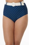 Unique Vintage High Waisted Belted Redondo Swim Bottoms In Navy & White Pin Dot