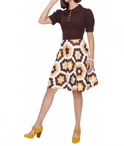 Unique Vintage Honey Comb Pattern Flare Dress In Brown In Black