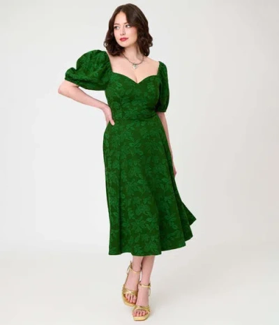 Unique Vintage Jacquard Sweetheart Swing Dress In Green