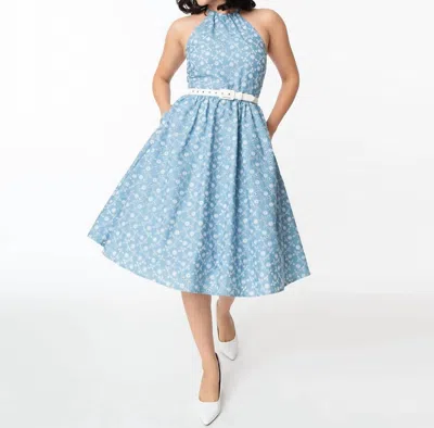 Unique Vintage Lombard Swing Dress In Chambray In Blue