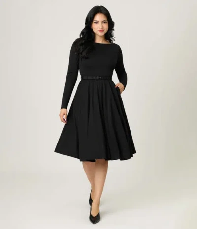 Unique Vintage Long Sleeve Belted Devon Swing Dress In Black