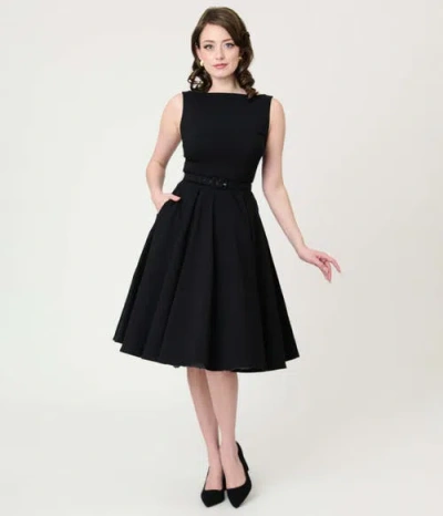 Unique Vintage Long Sleeve Belted Devon Swing Dress In Black