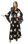 Unique Vintage Long Sleeve Empire Waist Maxi Dress In Black Crane Print